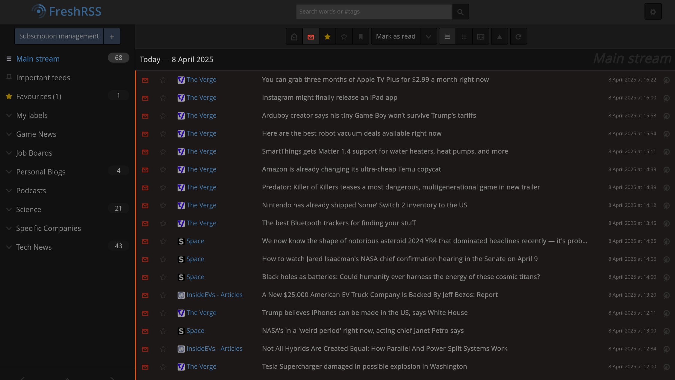 The FreshRSS interface showing some of the articles I have lined up to sift through.