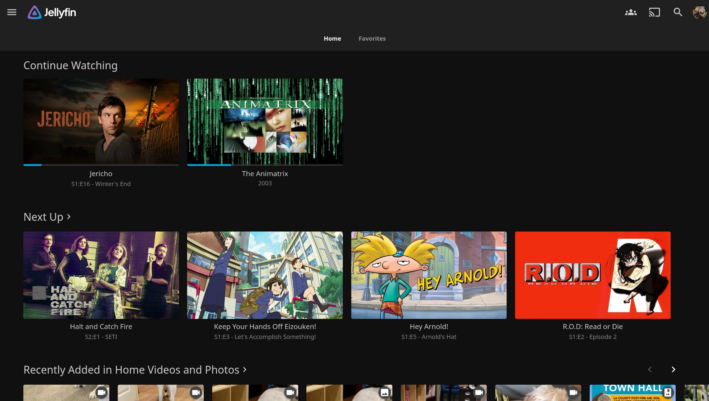 The web interface for Jellyfin, showing a selection of the movies and TV shows I have on my server's storage.