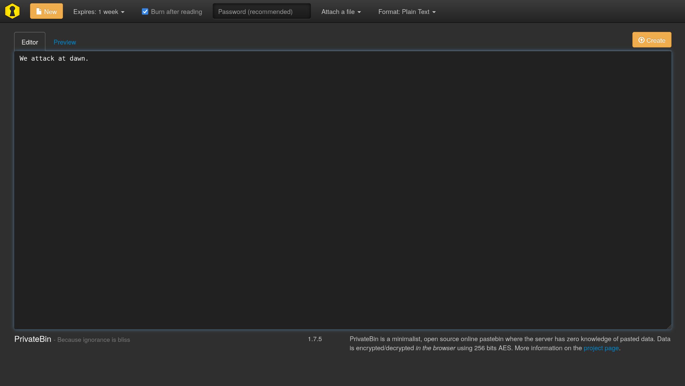 Zerobin is mostly just a text input field with a few options and a Create button.